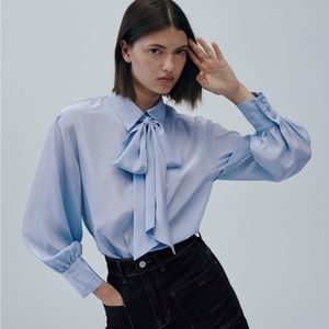 Blue Satin Effect Tied Top Zara Size XS NWT